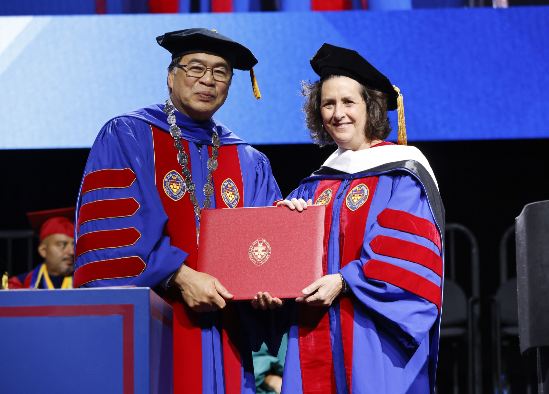 Gigi Pritzker Pucker accepted her honorary degree at the Liberal Arts and Social Sciences and the School of Continuing and Professional Studies ceremony.